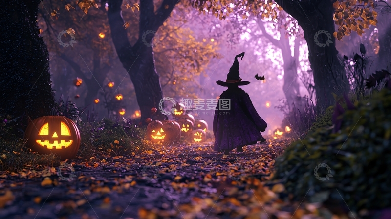 高清大图下载【趣麦麦图】万圣节森林中的女巫与南瓜灯