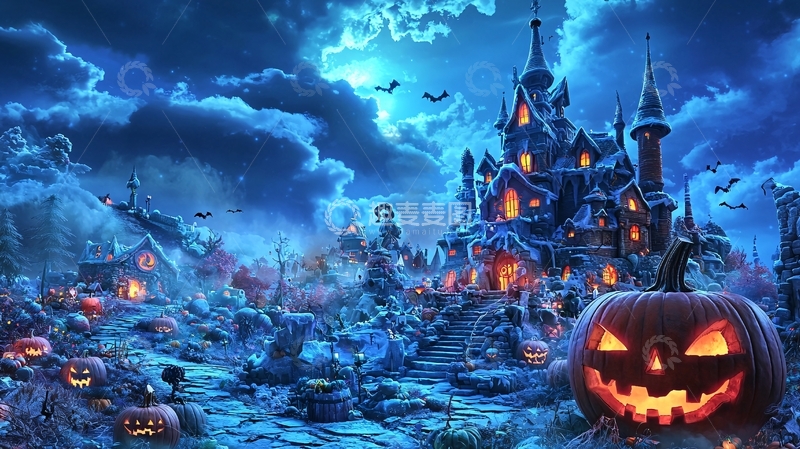 高清大图下载【趣麦麦图】万圣节南瓜城堡夜景