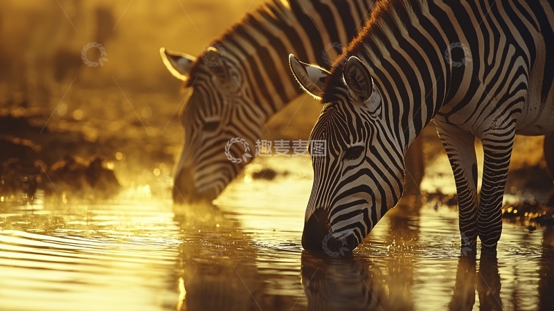 高清大图下载【趣麦麦图】黄昏时分饮水的斑马