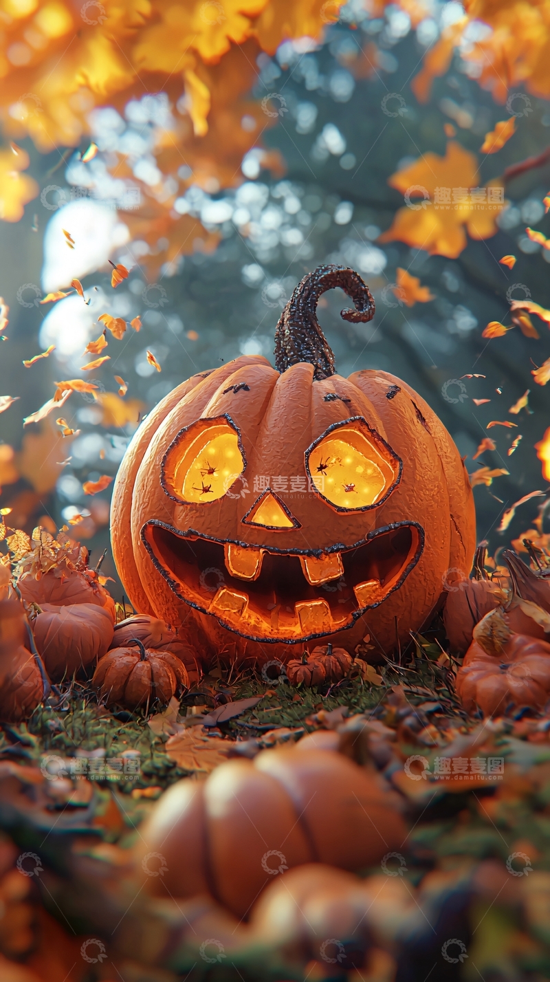 高清大图下载【趣麦麦图】万圣节南瓜灯与落叶