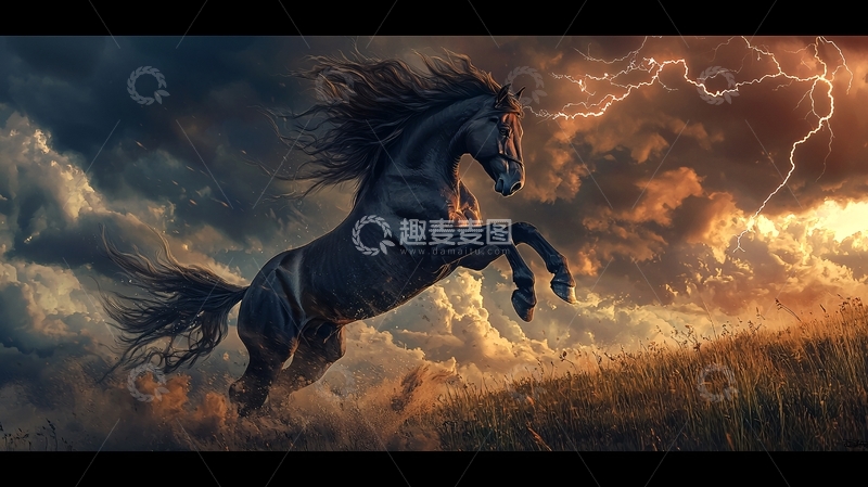 高清大图下载【趣麦麦图】奔腾的野马在雷电中驰骋
