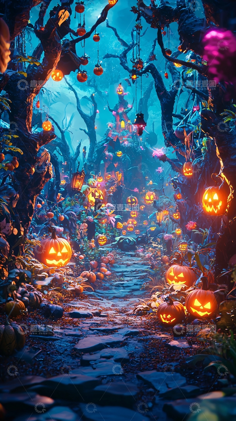 高清大图下载【趣麦麦图】万圣节南瓜灯森林小径