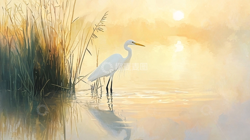 高清大图下载【趣麦麦图】晨曦中的白鹭与芦苇