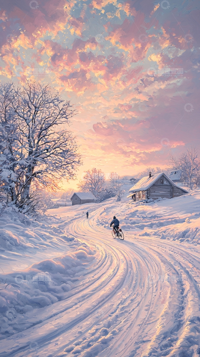 高清大图下载【趣麦麦图】冬日雪景自行车骑行
