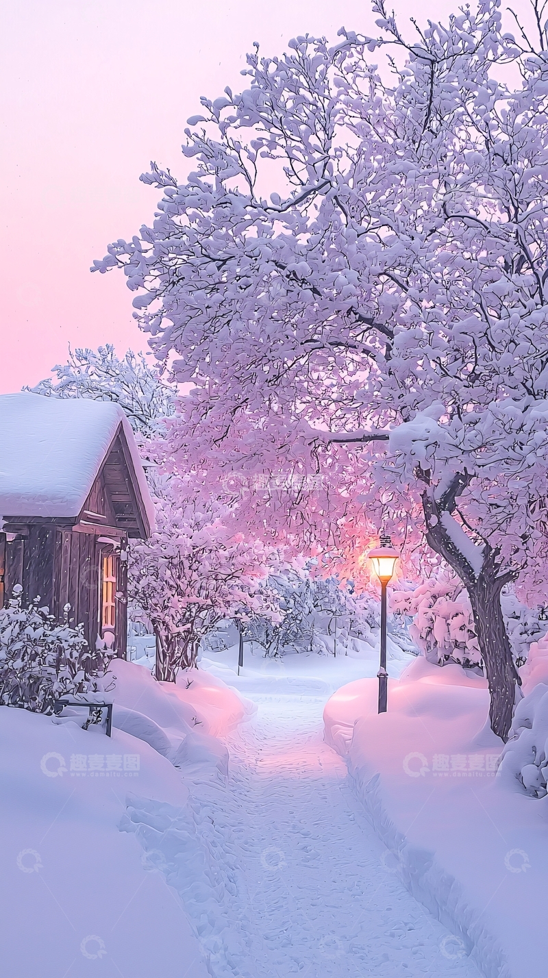 高清大图下载【趣麦麦图】冬日雪景小屋灯光明亮