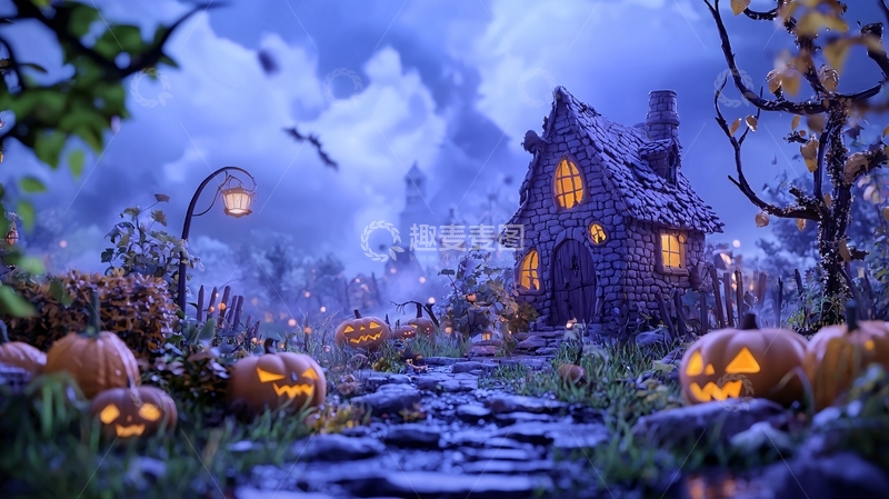 高清大图下载【趣麦麦图】万圣节夜景南瓜灯小屋