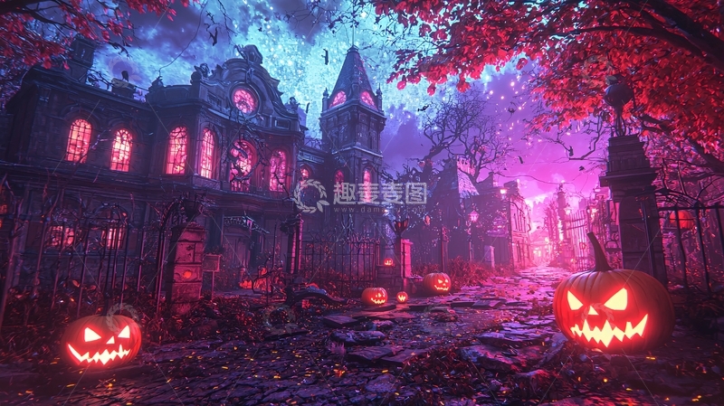 高清大图下载【趣麦麦图】万圣节鬼屋南瓜灯夜景