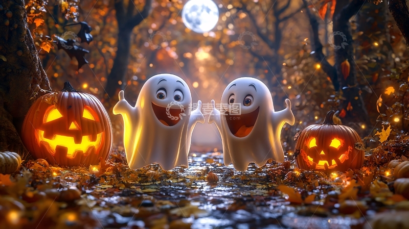 高清大图下载【趣麦麦图】万圣节幽灵南瓜森林场景