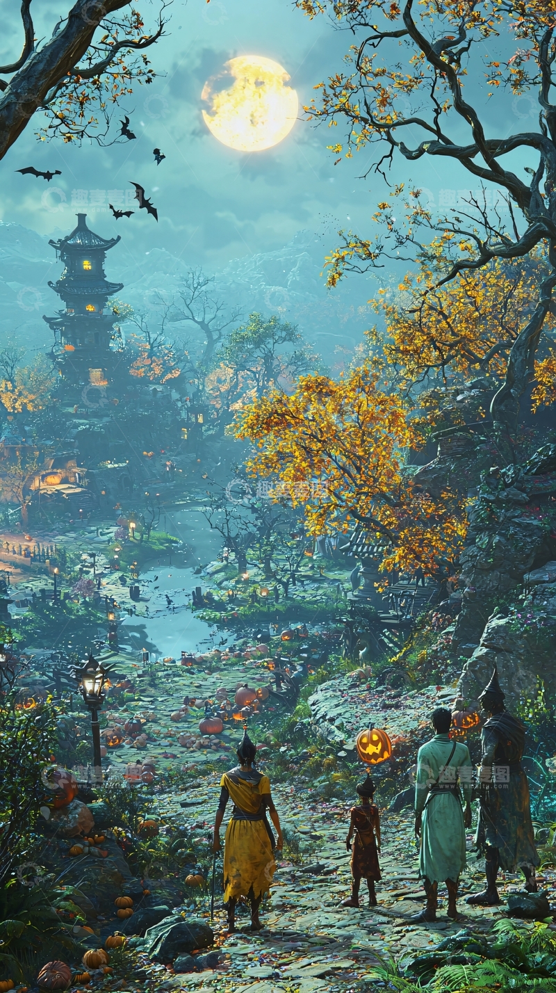 高清大图下载【趣麦麦图】秋夜古村赏月图