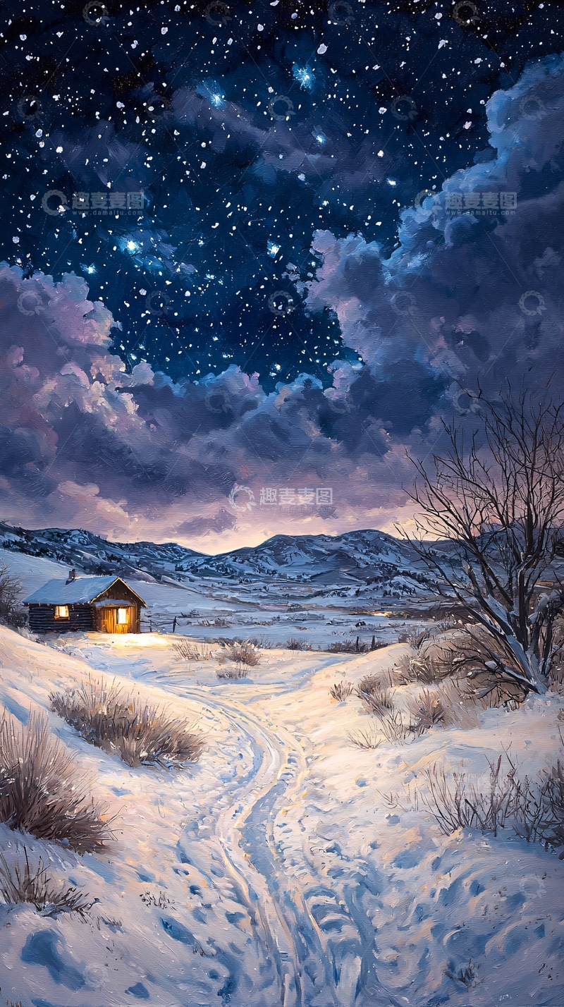 高清大图下载【趣麦麦图】冬夜小屋雪景
