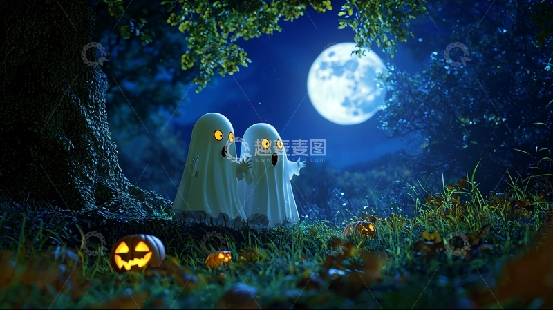 高清大图下载【趣麦麦图】万圣节夜晚幽灵南瓜灯