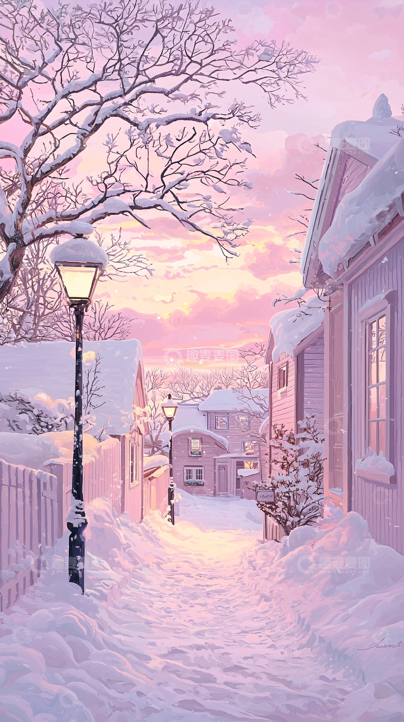 高清大图下载【趣麦麦图】冬日雪景小巷灯光明媚