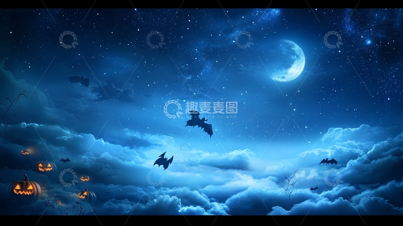 高清大图下载【趣麦麦图】万圣节夜空下的蝙蝠和南瓜灯
