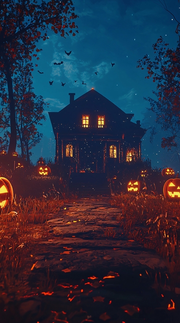 万圣节夜晚的鬼屋与南瓜灯