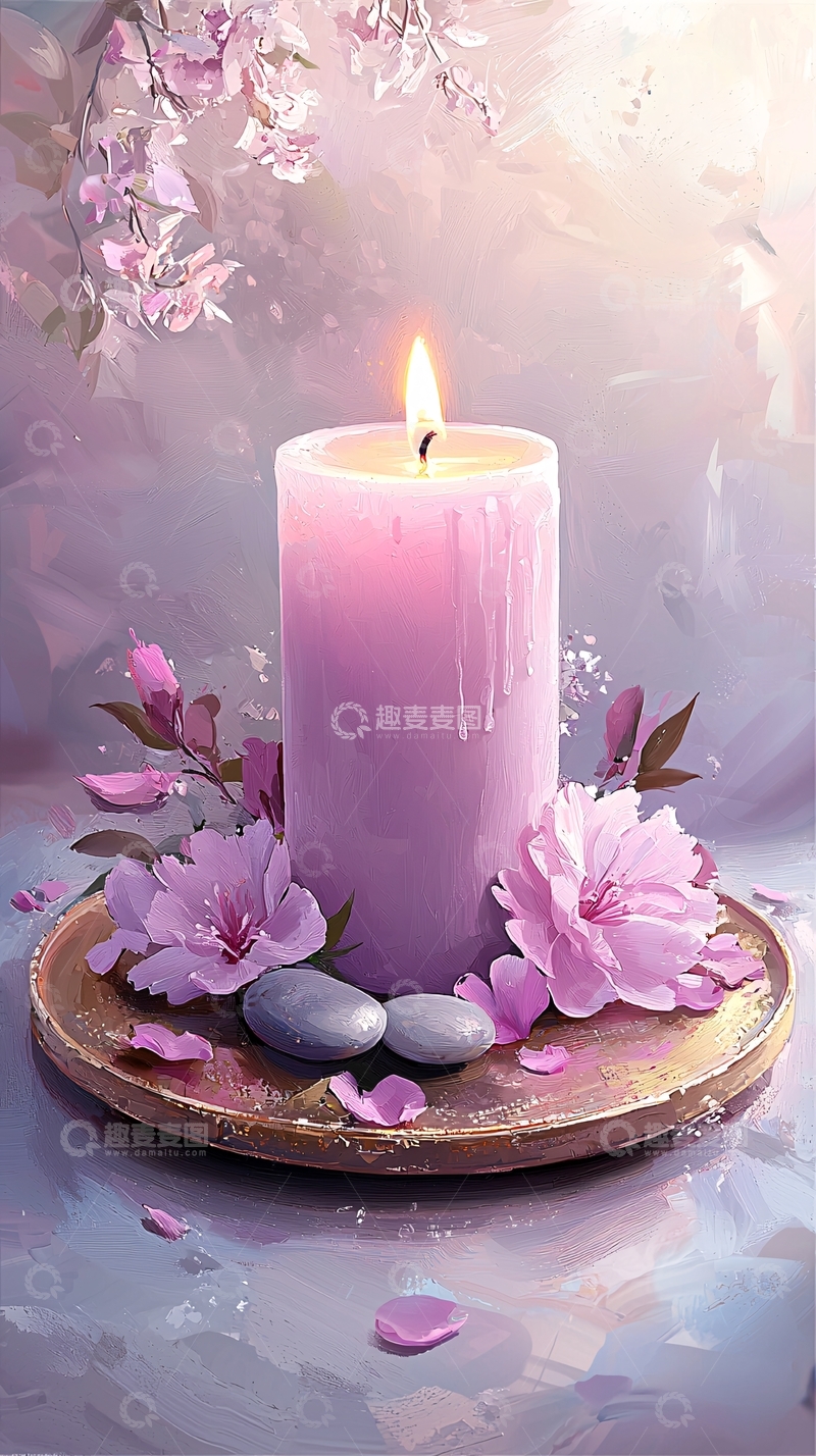 高清大图下载【趣麦麦图】紫色蜡烛与樱花的静谧场景