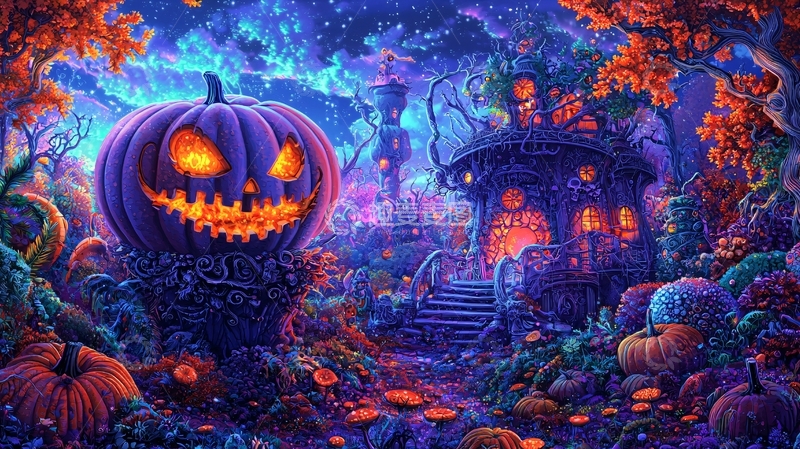 高清大图下载【趣麦麦图】万圣节奇幻森林南瓜灯