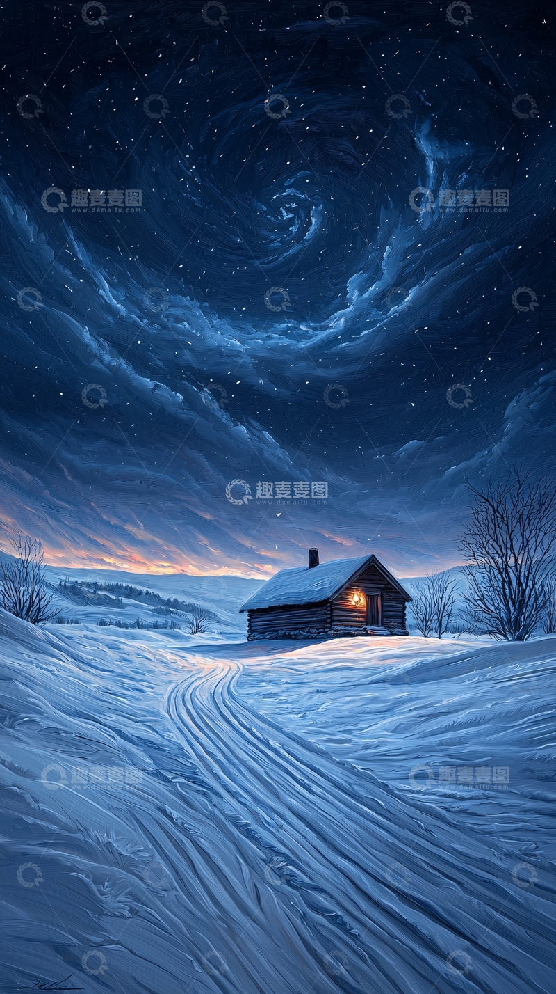 高清大图下载【趣麦麦图】冬夜小屋雪景