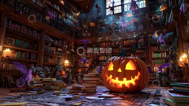 高清大图下载【趣麦麦图】万圣节图书馆装饰场景
