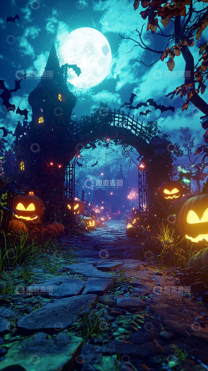 高清大图下载【趣麦麦图】万圣节夜景南瓜灯石路
