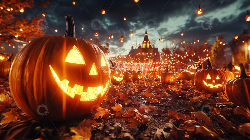 高清大图下载【趣麦麦图】万圣节南瓜灯与落叶夜景