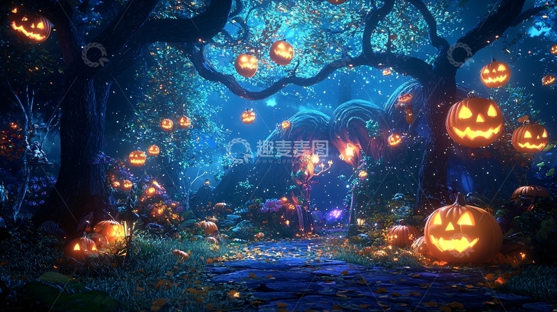 高清大图下载【趣麦麦图】万圣节森林南瓜灯夜景