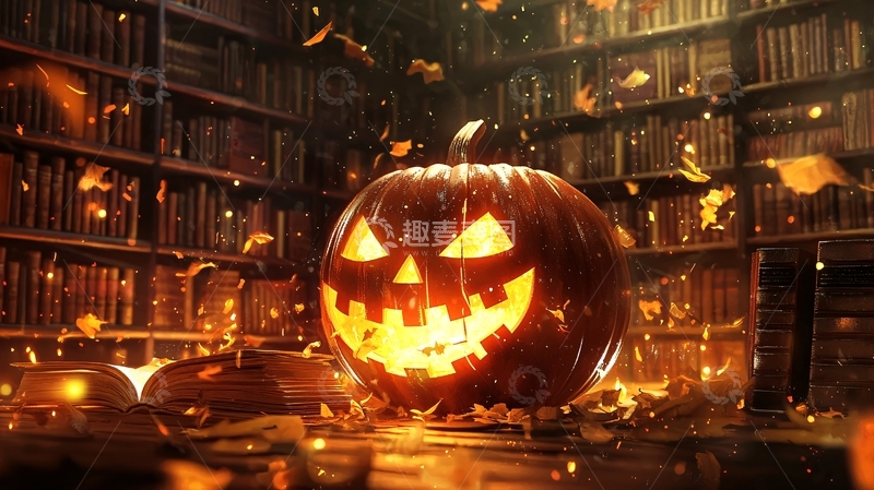 高清大图下载【趣麦麦图】万圣节图书馆中的南瓜灯