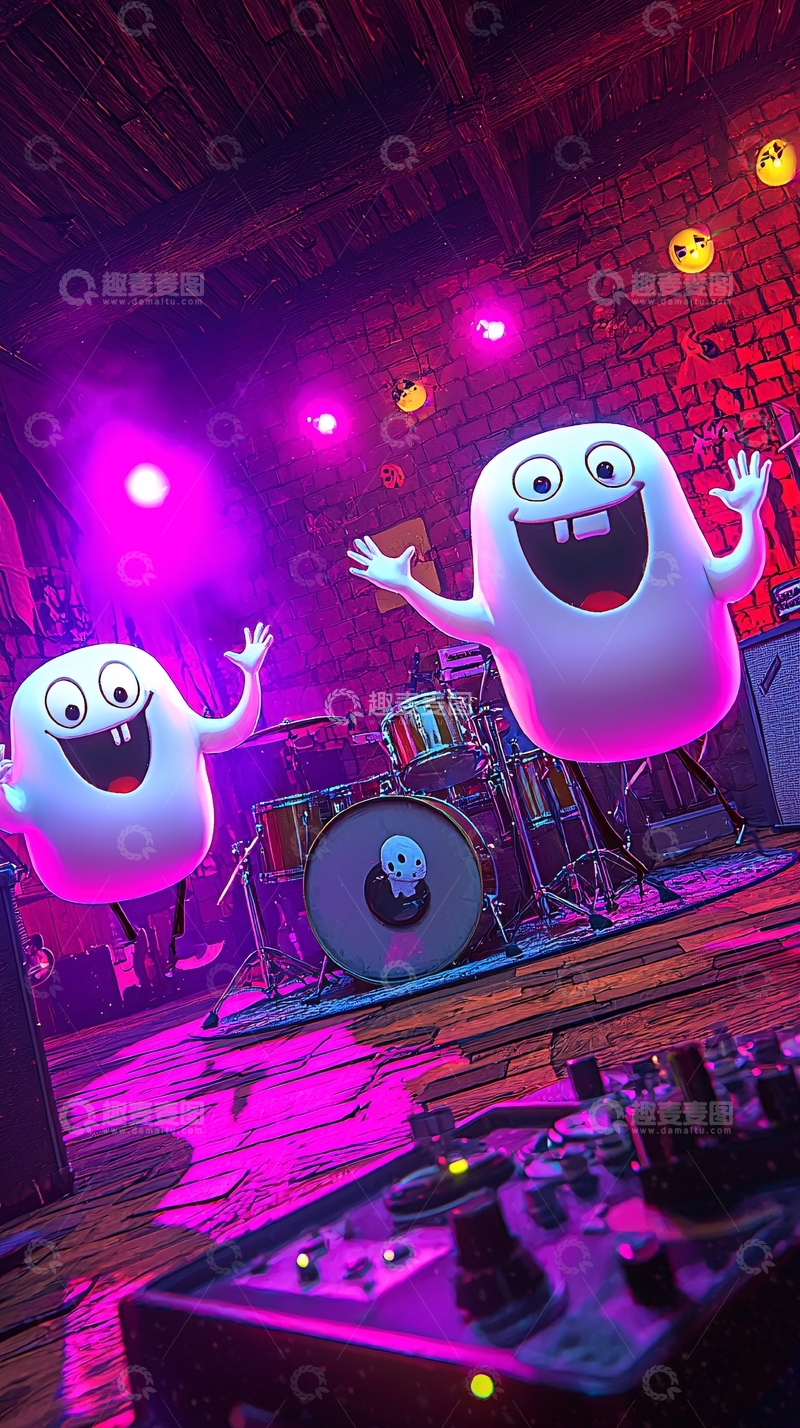 高清大图下载【趣麦麦图】卡通幽灵乐队演出场景
