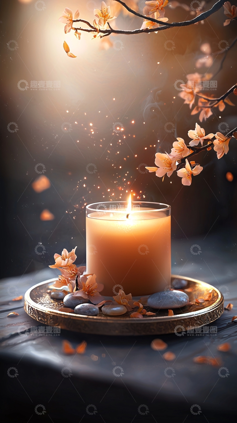 高清大图下载【趣麦麦图】温馨烛光与樱花的宁静时刻