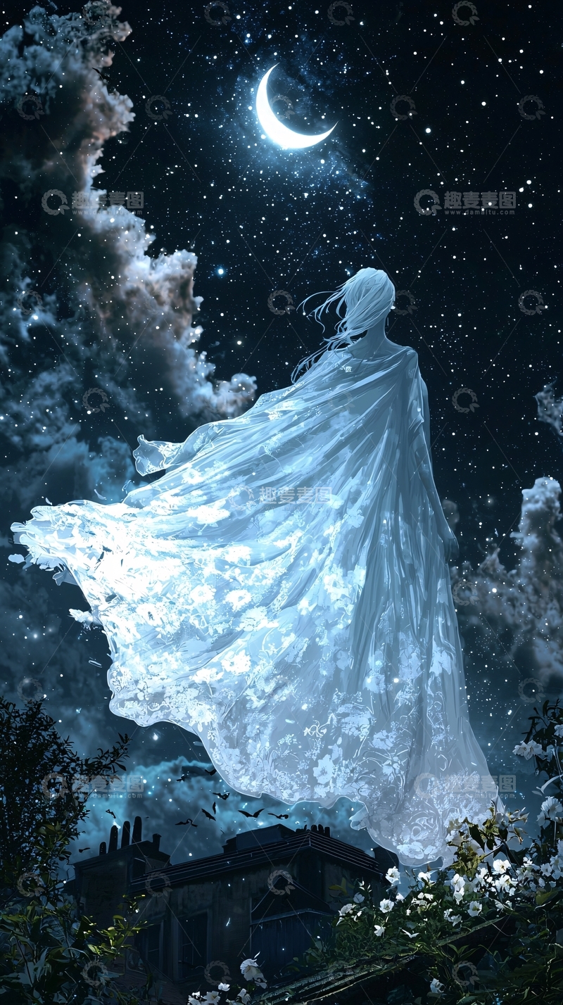 高清大图下载【趣麦麦图】夜空下的神秘白纱人