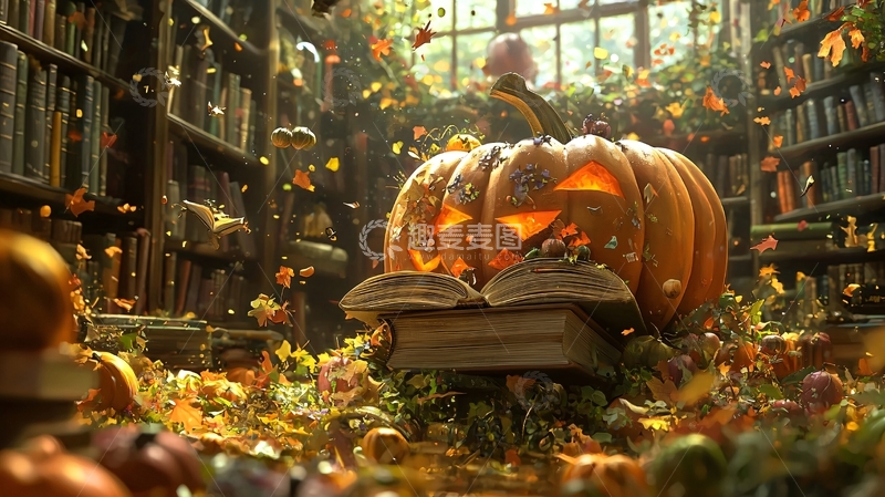 高清大图下载【趣麦麦图】秋日图书馆里的南瓜与书