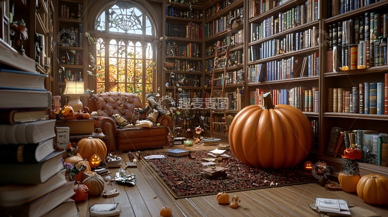 高清大图下载【趣麦麦图】万圣节图书馆装饰场景