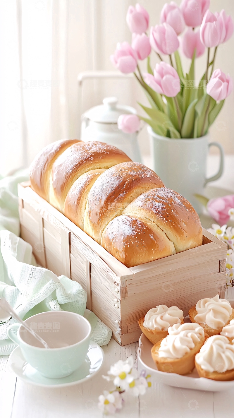 高清大图下载【趣麦麦图】春天茶点与面包的温馨场景
