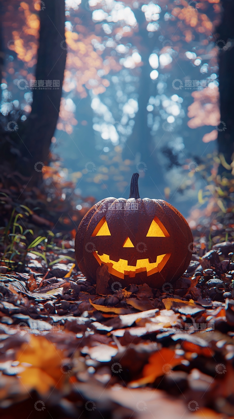 高清大图下载【趣麦麦图】秋日森林中的南瓜灯