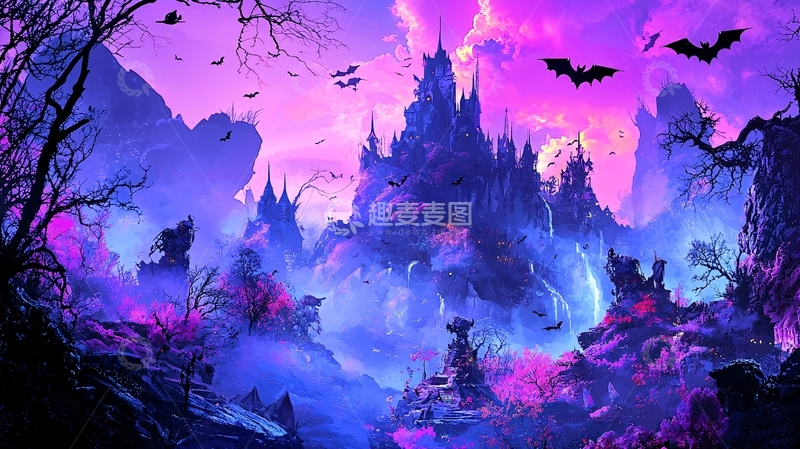 高清大图下载【趣麦麦图】紫色幻想城堡夜景