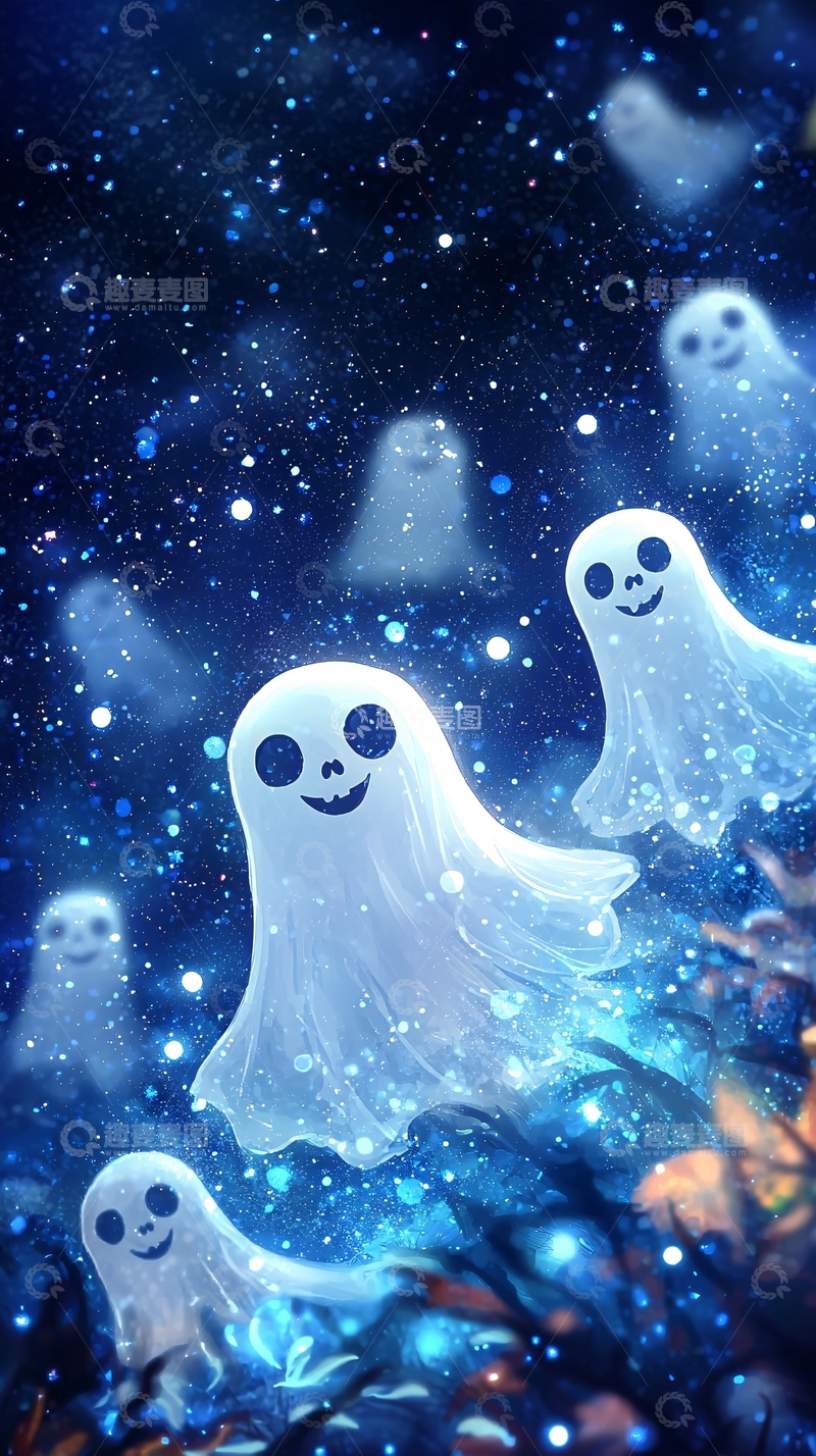 高清大图下载【趣麦麦图】蓝色夜空中的卡通幽灵