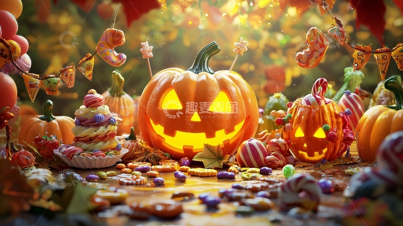 高清大图下载【趣麦麦图】万圣节南瓜与糖果装饰场景