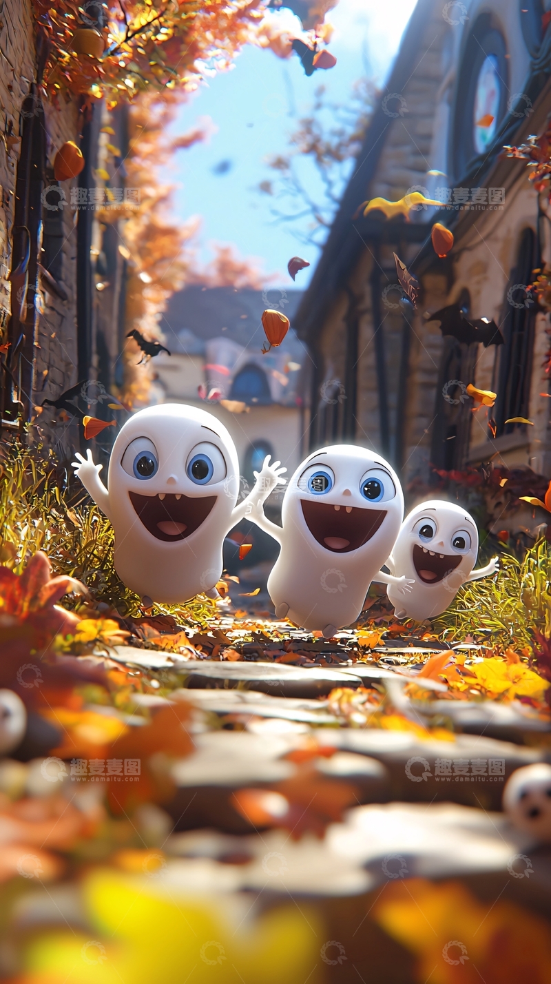 高清大图下载【趣麦麦图】秋季街道上的卡通幽灵