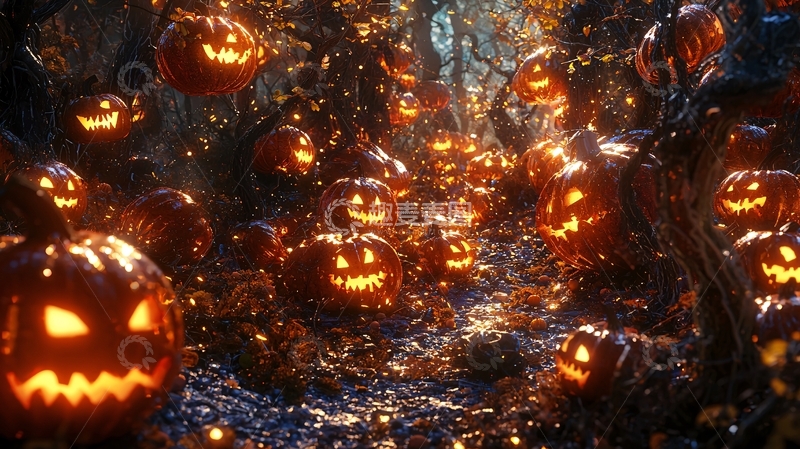 高清大图下载【趣麦麦图】万圣节南瓜森林夜景