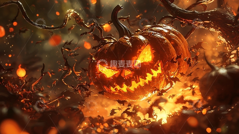 高清大图下载【趣麦麦图】万圣节南瓜灯与落叶