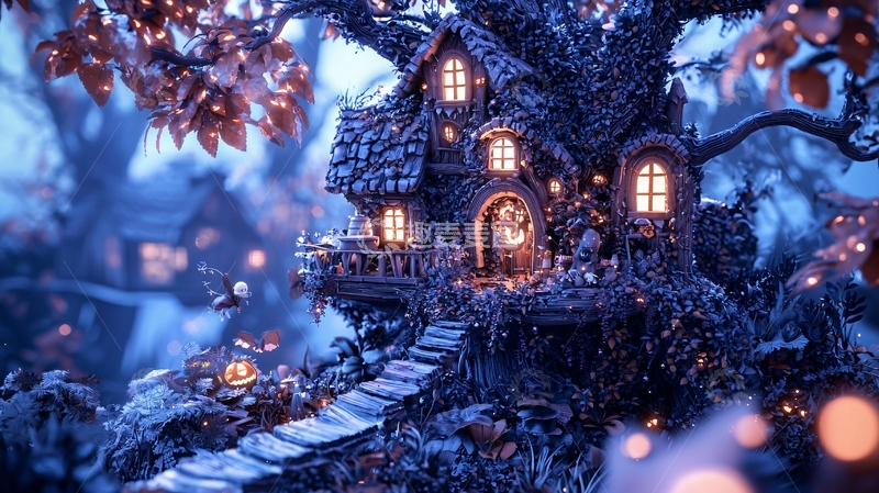 高清大图下载【趣麦麦图】童话树屋夜景
