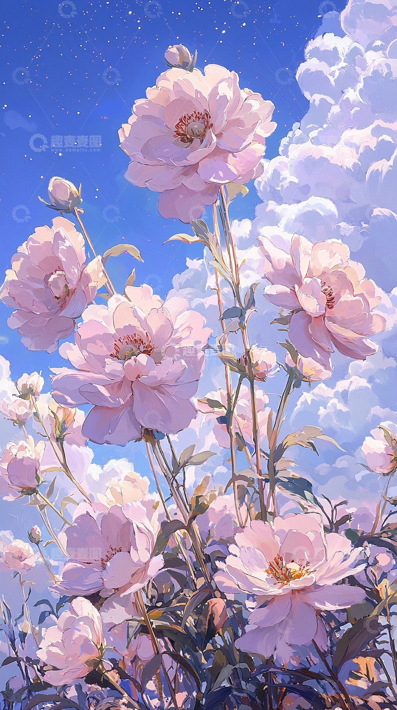 高清大图下载【趣麦麦图】粉色牡丹花盛开夜空下