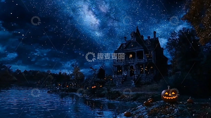 高清大图下载【趣麦麦图】万圣节夜晚鬼屋南瓜灯
