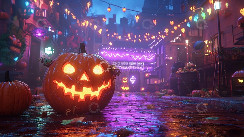 高清大图下载【趣麦麦图】万圣节夜晚南瓜灯街道