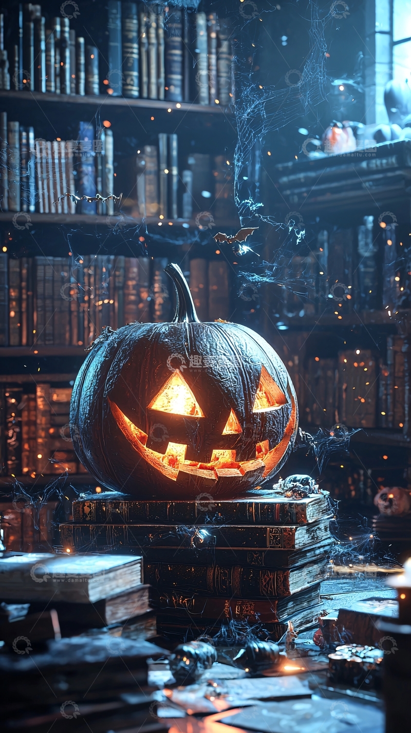 高清大图下载【趣麦麦图】万圣节图书馆中的南瓜灯