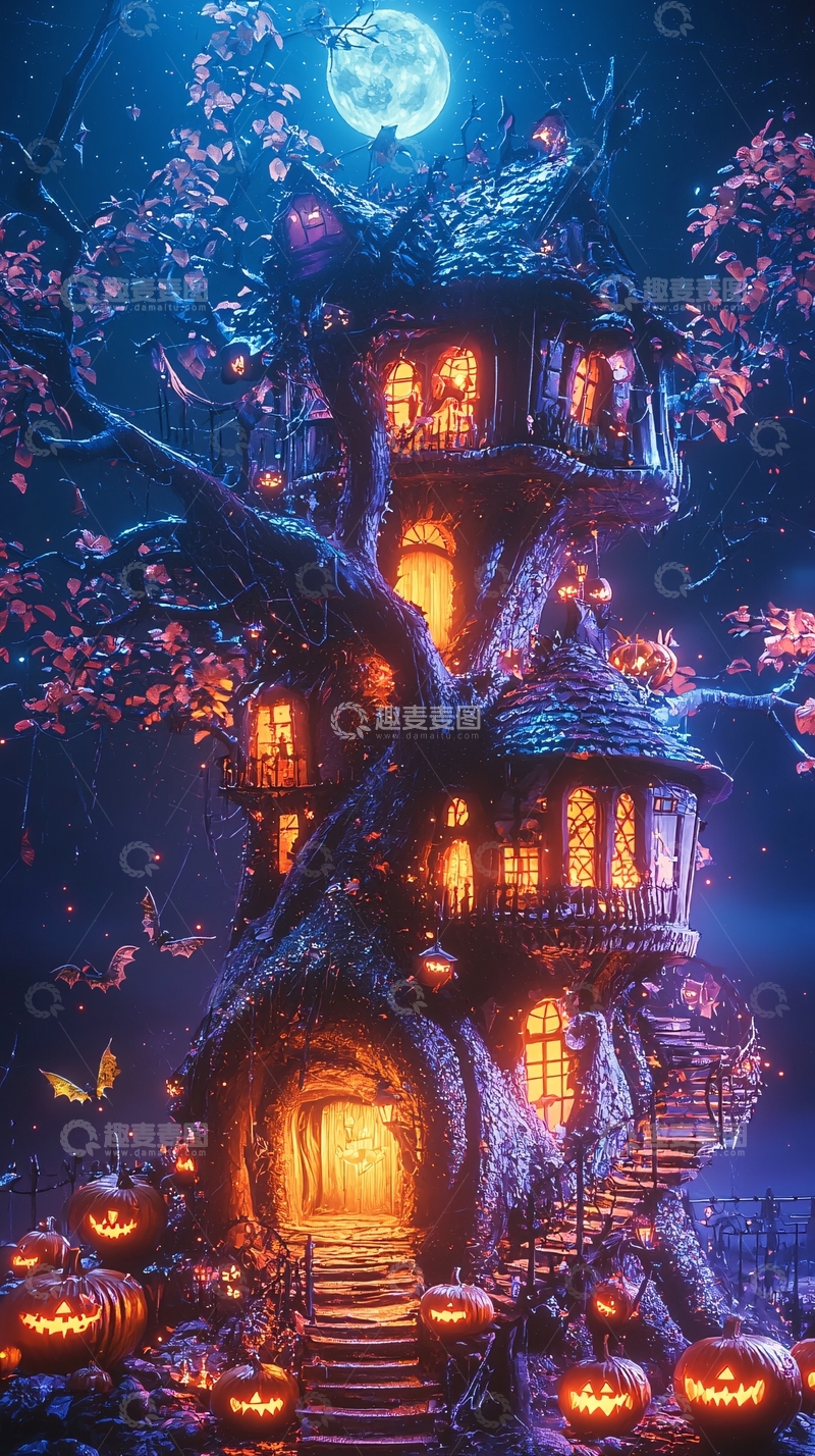 高清大图下载【趣麦麦图】万圣节树屋夜景