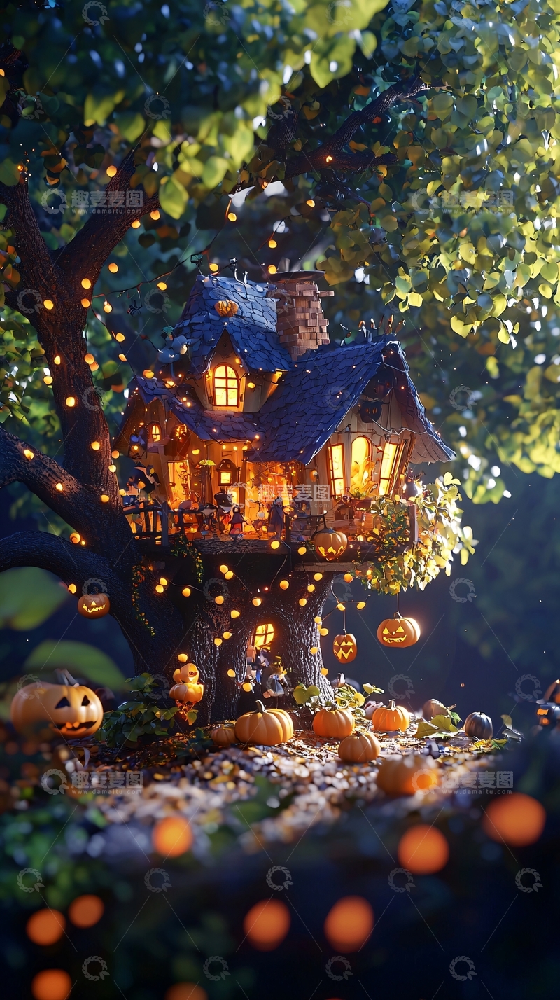 高清大图下载【趣麦麦图】万圣节树屋夜景