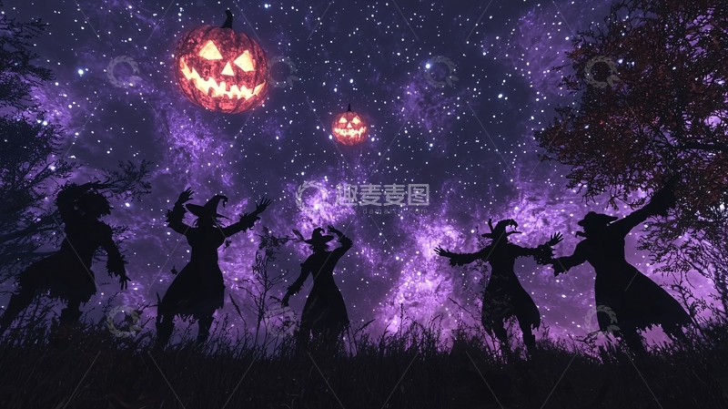 高清大图下载【趣麦麦图】万圣节夜空中的南瓜灯与巫婆剪影