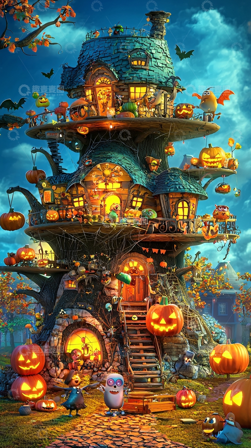 高清大图下载【趣麦麦图】万圣节树屋幻想场景