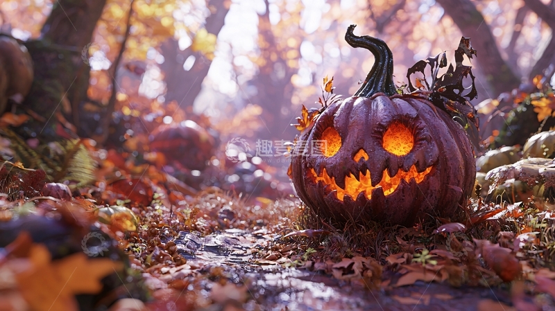 高清大图下载【趣麦麦图】秋日森林中的南瓜灯