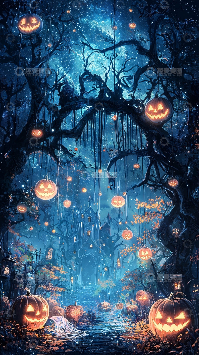 高清大图下载【趣麦麦图】万圣节夜晚森林南瓜灯场景